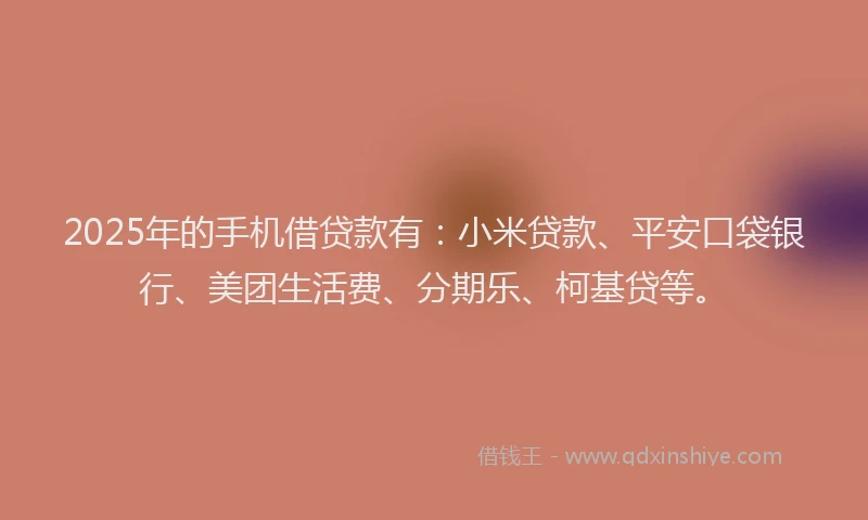 2025年的手机借贷款有：小米贷款、平安口袋银行、美团生活费、分期乐、柯基贷等。