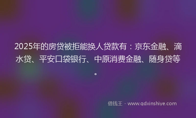 2025年的房贷被拒能换人贷款有：京东金融、滴水贷、平安口袋银行、中原消费金融、随身贷等。