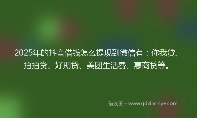 2025年的抖音借钱怎么提现到微信有：你我贷、拍拍贷、好期贷、美团生活费、惠商贷等。