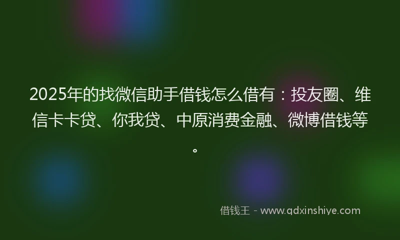 2025年的找微信助手借钱怎么借有：投友圈、维信卡卡贷、你我贷、中原消费金融、微博借钱等。