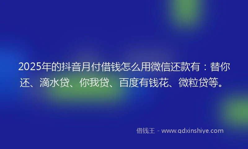 2025年的抖音月付借钱怎么用微信还款有：替你还、滴水贷、你我贷、百度有钱花、微粒贷等。