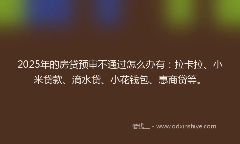 2025年的房贷预审不通过怎么办有：拉卡拉、小米贷款、滴水贷、小花钱包、惠商贷等。