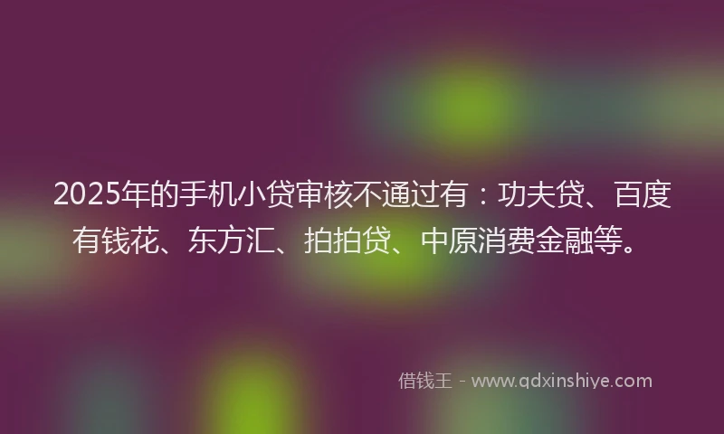 2025年的手机小贷审核不通过有：功夫贷、百度有钱花、东方汇、拍拍贷、中原消费金融等。