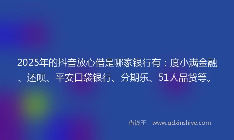 2025年的抖音放心借是哪家银行有：度小满金融、还呗、平安口袋银行、分期乐、51人品贷等。
