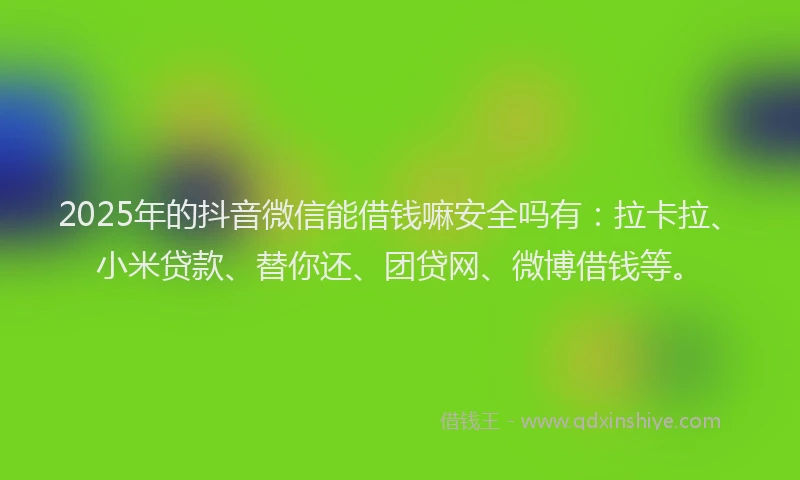 2025年的抖音微信能借钱嘛安全吗有：拉卡拉、小米贷款、替你还、团贷网、微博借钱等。