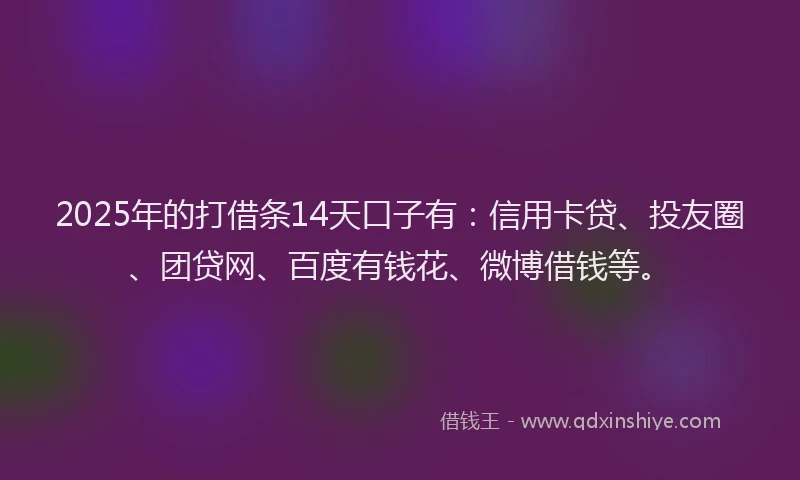 2025年的打借条14天口子有：信用卡贷、投友圈、团贷网、百度有钱花、微博借钱等。