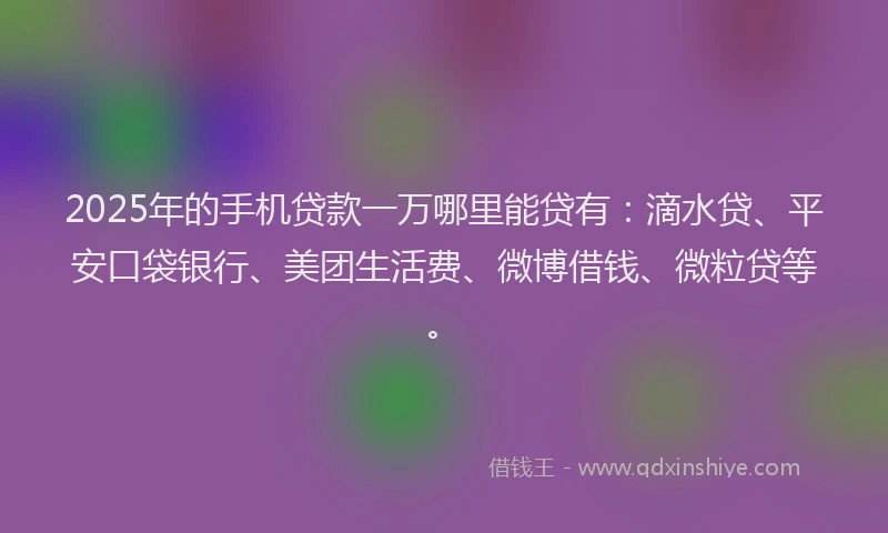 2025年的手机贷款一万哪里能贷有：滴水贷、平安口袋银行、美团生活费、微博借钱、微粒贷等。