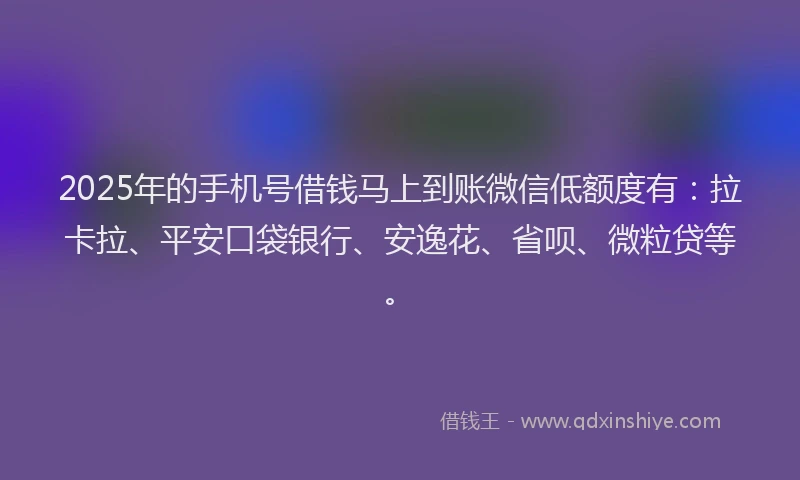 2025年的手机号借钱马上到账微信低额度有：拉卡拉、平安口袋银行、安逸花、省呗、微粒贷等。
