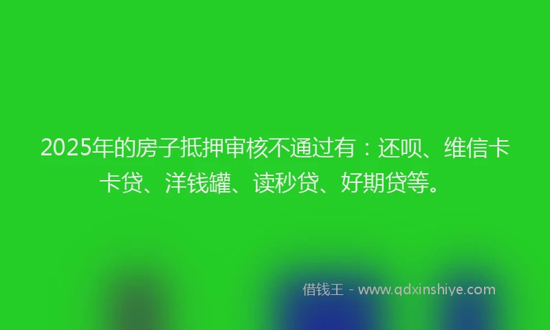 2025年的房子抵押审核不通过有：还呗、维信卡卡贷、洋钱罐、读秒贷、好期贷等。