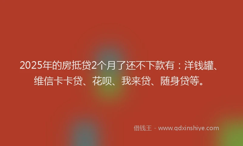 2025年的房抵贷2个月了还不下款有：洋钱罐、维信卡卡贷、花呗、我来贷、随身贷等。