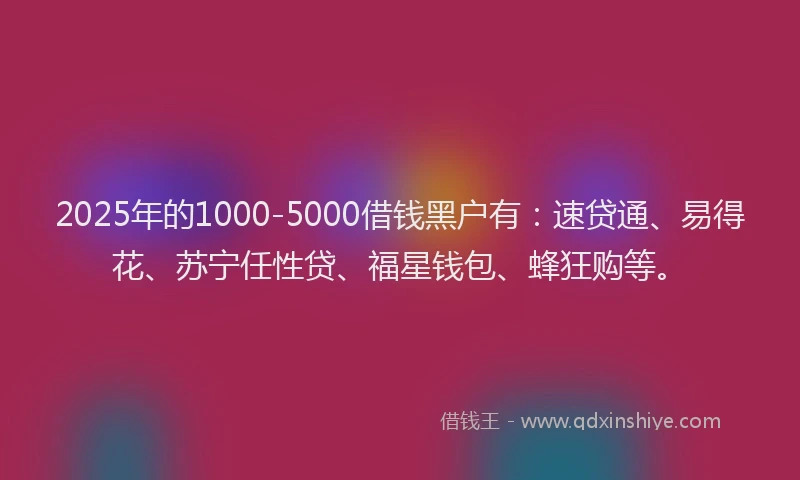 2025年的1000-5000借钱黑户有：速贷通、易得花、苏宁任性贷、福星钱包、蜂狂购等。