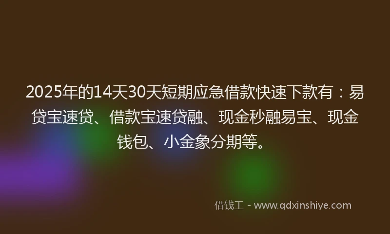 2025年的14天30天短期应急借款快速下款有：易贷宝速贷、借款宝速贷融、现金秒融易宝、现金钱包、小金象分期等。