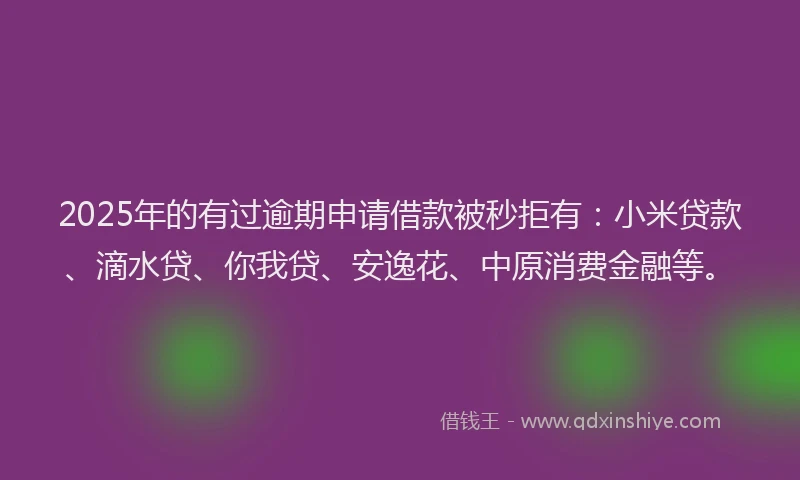 2025年的有过逾期申请借款被秒拒有：小米贷款、滴水贷、你我贷、安逸花、中原消费金融等。