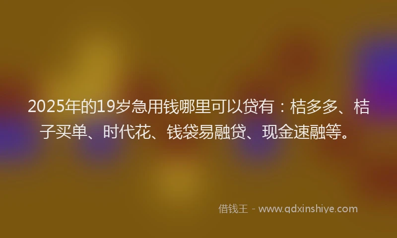 2025年的19岁急用钱哪里可以贷有：桔多多、桔子买单、时代花、钱袋易融贷、现金速融等。