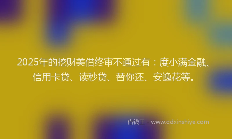 2025年的挖财美借终审不通过有：度小满金融、信用卡贷、读秒贷、替你还、安逸花等。