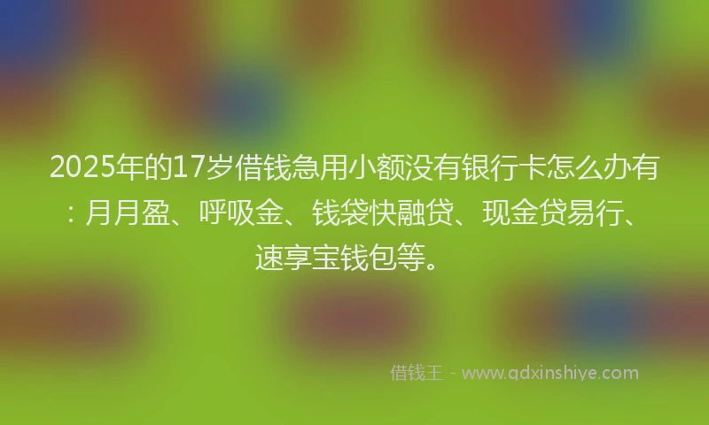 2025年的17岁借钱急用小额没有银行卡怎么办有：月月盈、呼吸金、钱袋快融贷、现金贷易行、速享宝钱包等。
