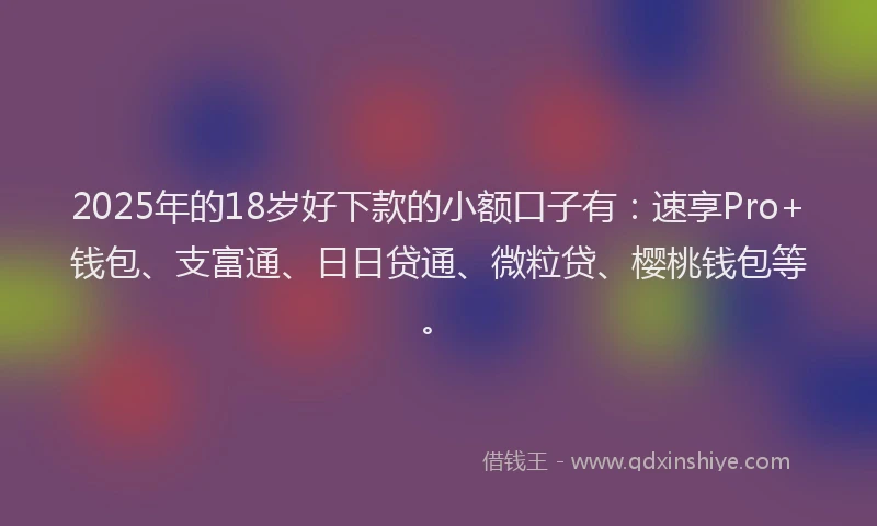 2025年的18岁好下款的小额口子有：速享Pro+钱包、支富通、日日贷通、微粒贷、樱桃钱包等。