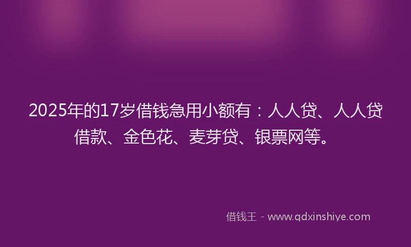 2025年的17岁借钱急用小额有：人人贷、人人贷借款、金色花、麦芽贷、银票网等。