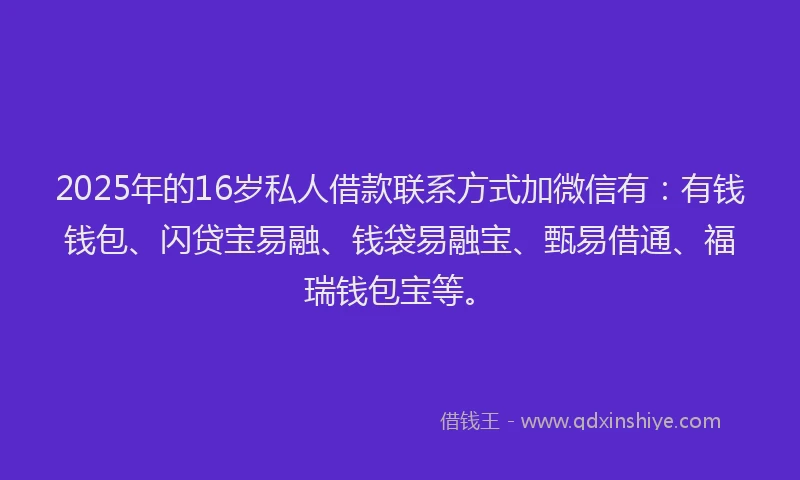 2025年的16岁私人借款联系方式加微信有：有钱钱包、闪贷宝易融、钱袋易融宝、甄易借通、福瑞钱包宝等。