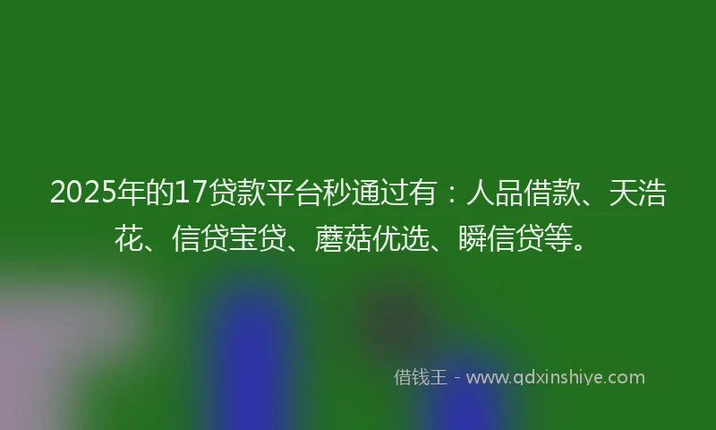 2025年的17贷款平台秒通过有:人品借款、天浩花、信贷宝贷、蘑菇优选、瞬信贷等。