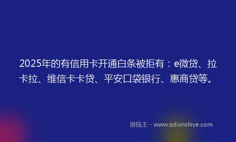 2025年的有信用卡开通白条被拒有：e微贷、拉卡拉、维信卡卡贷、平安口袋银行、惠商贷等。