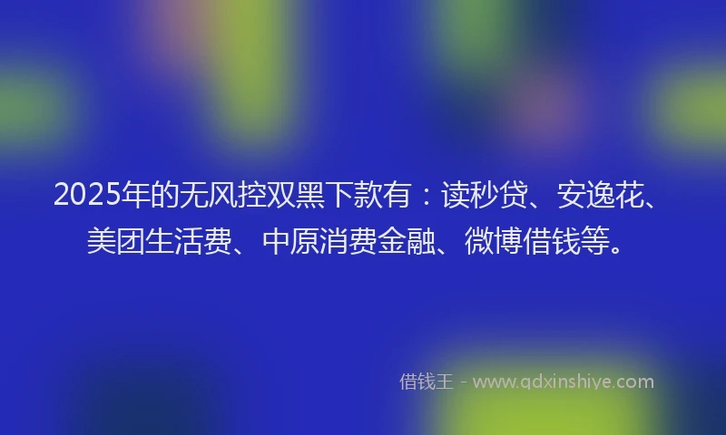 2025年的无风控双黑下款有：读秒贷、安逸花、美团生活费、中原消费金融、微博借钱等。