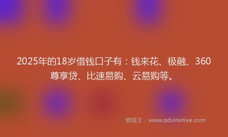 2025年的18岁借钱口子有：钱来花、极融、360尊享贷、比速易购、云易购等。