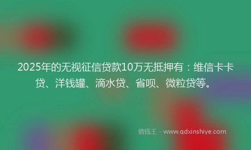 2025年的无视征信贷款10万无抵押有：维信卡卡贷、洋钱罐、滴水贷、省呗、微粒贷等。