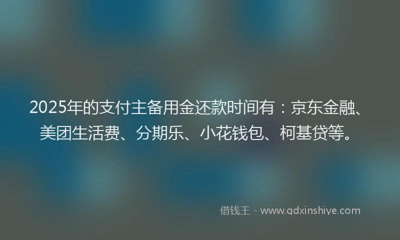 2025年的支付主备用金还款时间有：京东金融、美团生活费、分期乐、小花钱包、柯基贷等。