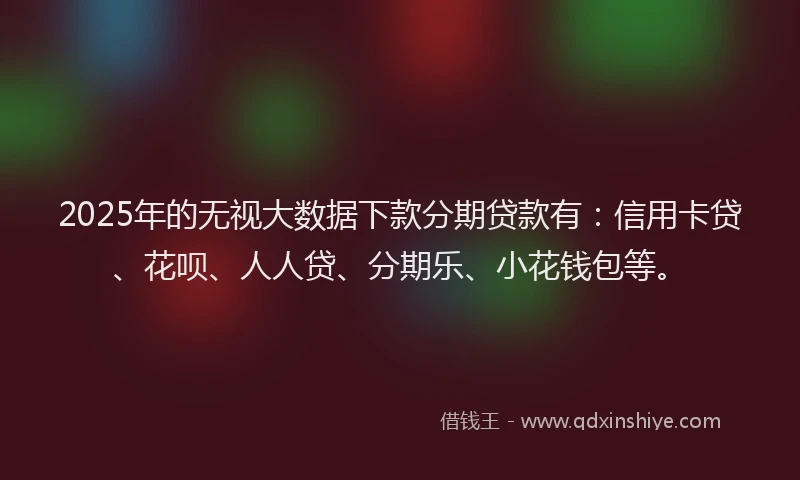 2025年的无视大数据下款分期贷款有：信用卡贷、花呗、人人贷、分期乐、小花钱包等。