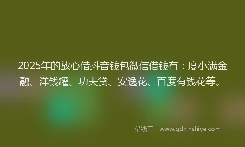 2025年的放心借抖音钱包微信借钱有：度小满金融、洋钱罐、功夫贷、安逸花、百度有钱花等。