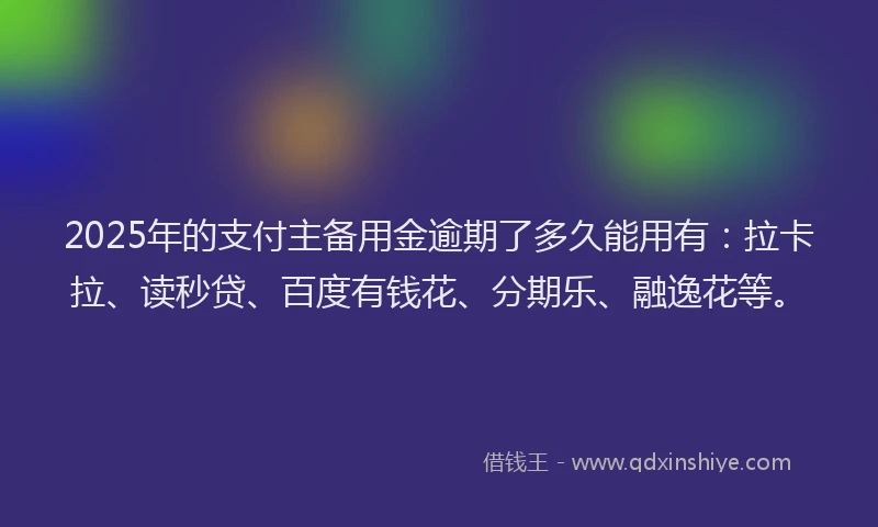 2025年的支付主备用金逾期了多久能用有：拉卡拉、读秒贷、百度有钱花、分期乐、融逸花等。