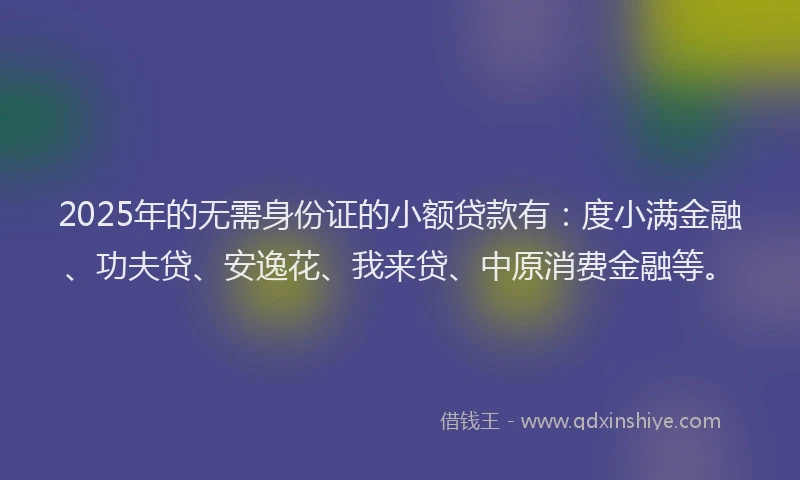 2025年的无需身份证的小额贷款有：度小满金融、功夫贷、安逸花、我来贷、中原消费金融等。