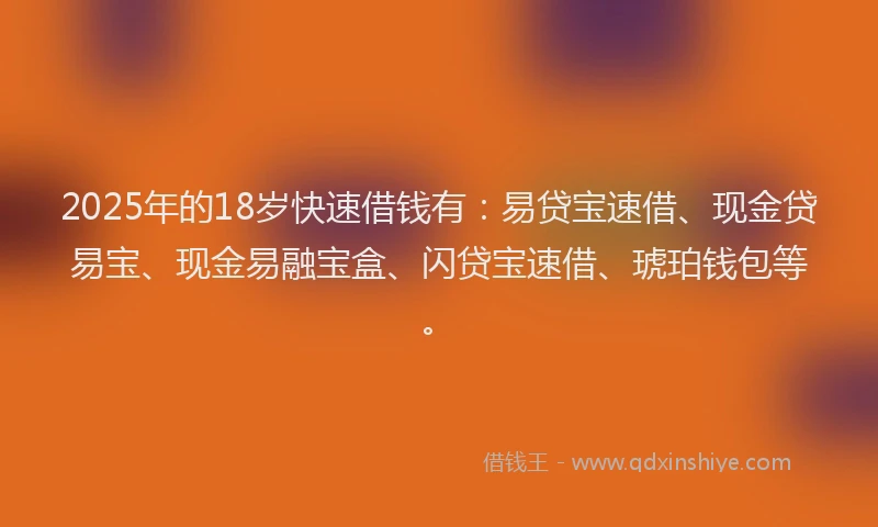 2025年的18岁快速借钱有：易贷宝速借、现金贷易宝、现金易融宝盒、闪贷宝速借、琥珀钱包等。