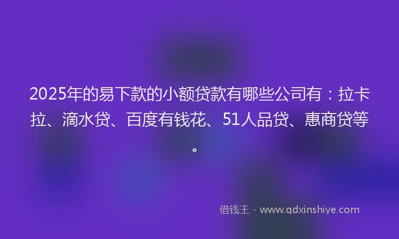 2025年的易下款的小额贷款有哪些公司有：拉卡拉、滴水贷、百度有钱花、51人品贷、惠商贷等。