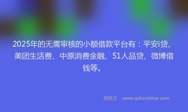 2025年的无需审核的小额借款平台有：平安i贷、美团生活费、中原消费金融、51人品贷、微博借钱等。