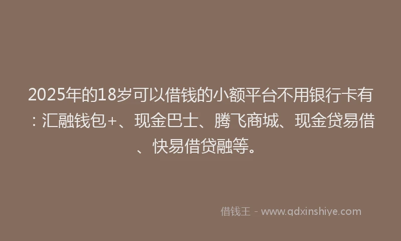 2025年的18岁可以借钱的小额平台不用银行卡有：汇融钱包+、现金巴士、腾飞商城、现金贷易借、快易借贷融等。