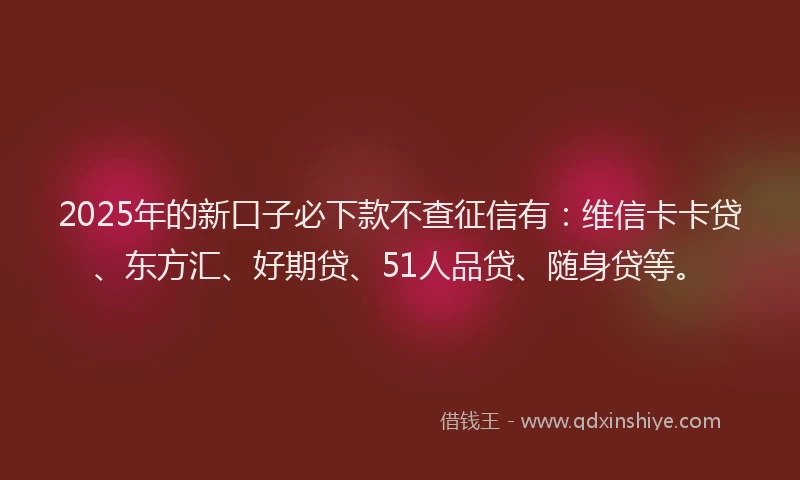 2025年的新口子必下款不查征信有：维信卡卡贷、东方汇、好期贷、51人品贷、随身贷等。