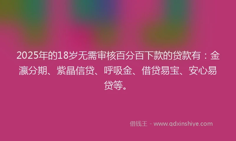 2025年的18岁无需审核百分百下款的贷款有：金瀛分期、紫晶信贷、呼吸金、借贷易宝、安心易贷等。