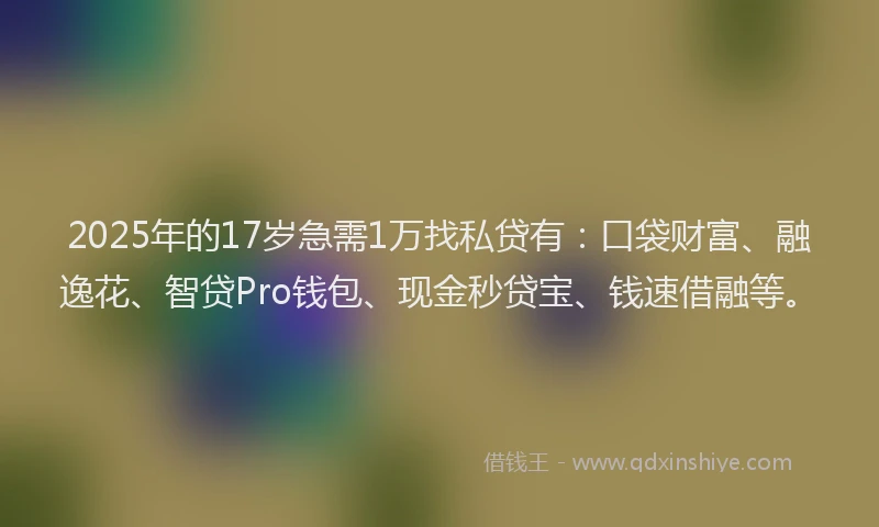 2025年的17岁急需1万找私贷有：口袋财富、融逸花、智贷Pro钱包、现金秒贷宝、钱速借融等。