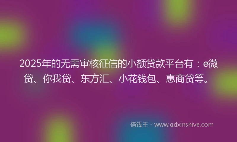 2025年的无需审核征信的小额贷款平台有：e微贷、你我贷、东方汇、小花钱包、惠商贷等。
