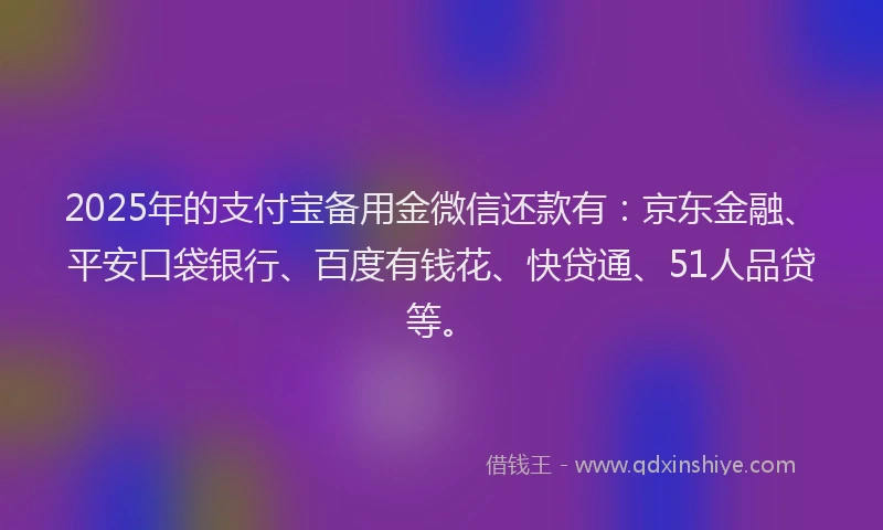 2025年的支付宝备用金微信还款有：京东金融、平安口袋银行、百度有钱花、快贷通、51人品贷等。