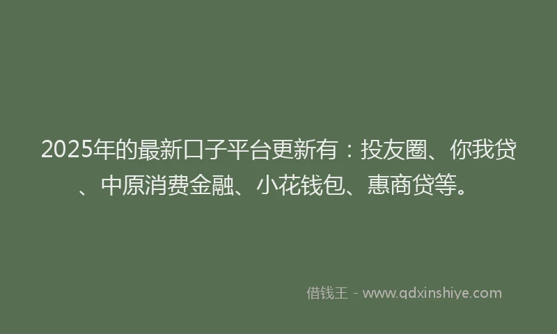 2025年的最新口子平台更新有：投友圈、你我贷、中原消费金融、小花钱包、惠商贷等。