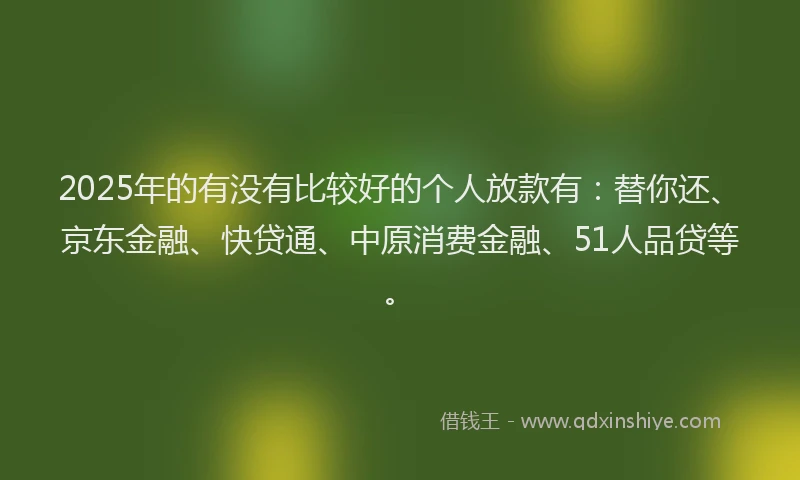 2025年的有没有比较好的个人放款有：替你还、京东金融、快贷通、中原消费金融、51人品贷等。