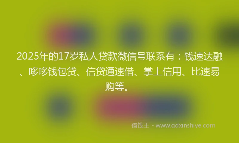 2025年的17岁私人贷款微信号联系有：钱速达融、哆哆钱包贷、信贷通速借、掌上信用、比速易购等。