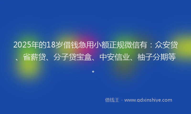 2025年的18岁借钱急用小额正规微信有：众安贷、省薪贷、分子贷宝盒、中安信业、柚子分期等。
