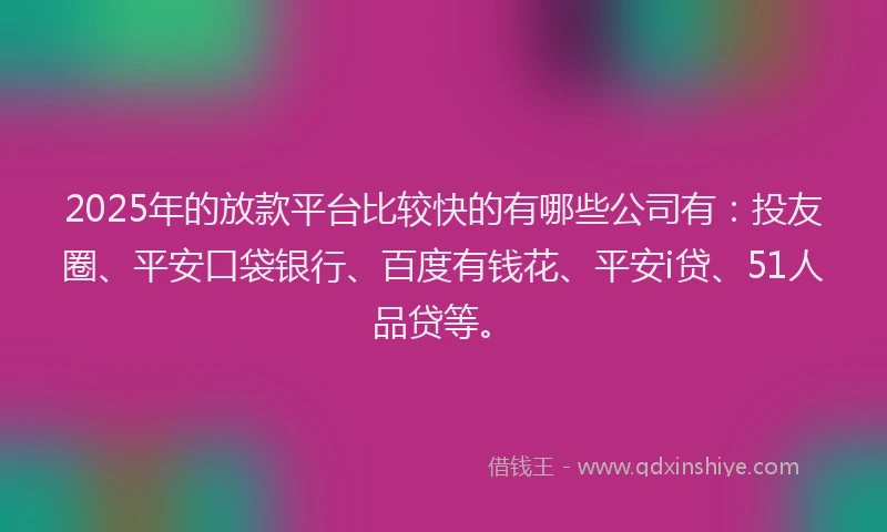 2025年的放款平台比较快的有哪些公司有：投友圈、平安口袋银行、百度有钱花、平安i贷、51人品贷等。