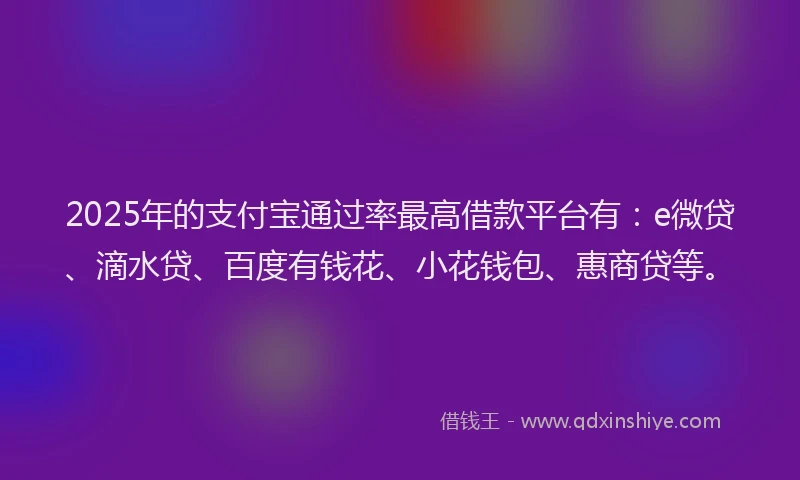 2025年的支付宝通过率最高借款平台有：e微贷、滴水贷、百度有钱花、小花钱包、惠商贷等。