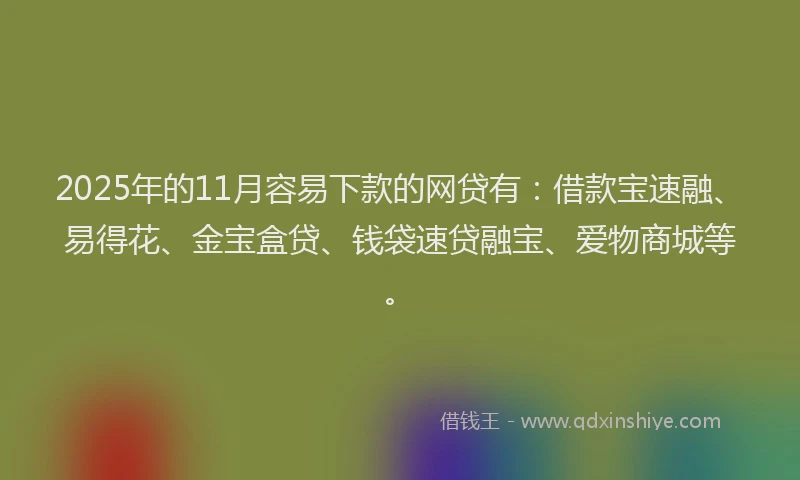 2025年的11月容易下款的网贷有：借款宝速融、易得花、金宝盒贷、钱袋速贷融宝、爱物商城等。