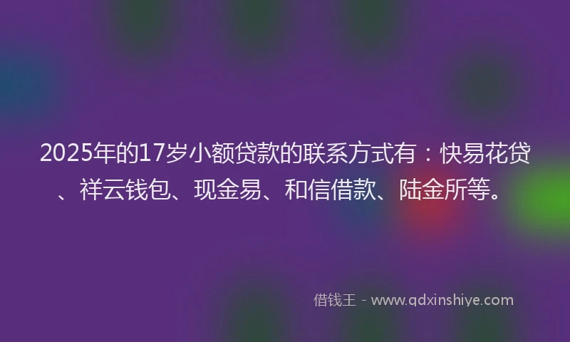 2025年的17岁小额贷款的联系方式有：快易花贷、祥云钱包、现金易、和信借款、陆金所等。